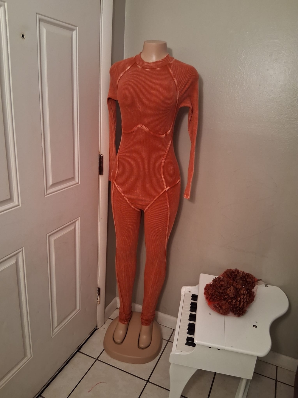 Ribbed Orange Long-Sleeve Jumpsuit